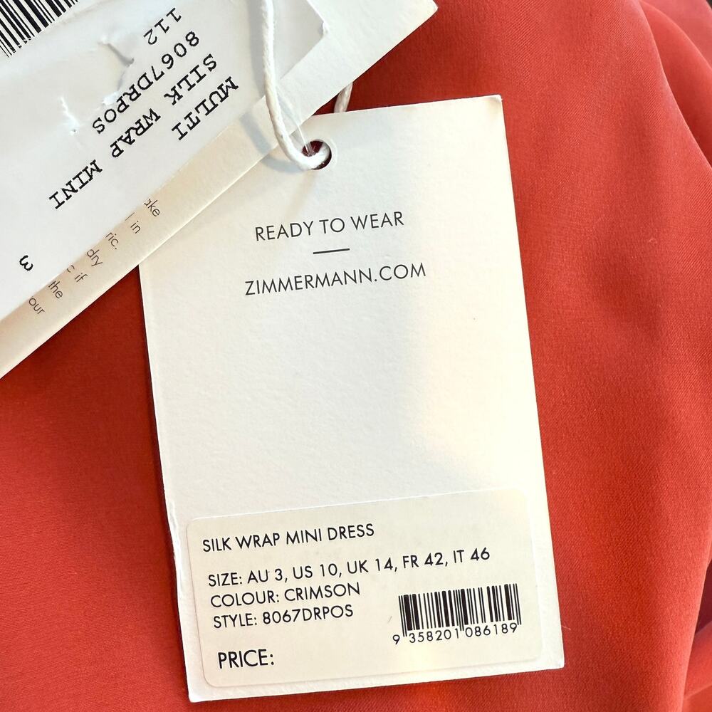 ZIMMERMANN Silk Wrap Long Sleeve Mini Dress In Crimson Size 10 New - Picture 14 of 16